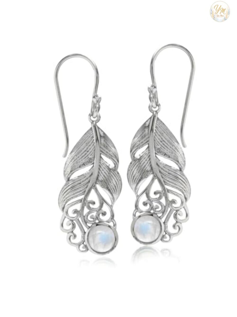 Natural Moonstone Sterling Silver Feather Dangle Hook Earrings Victorian